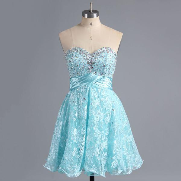Sweet Ice Blue Lace Homecoming Dress, Exquisite Sweetheart Short Homecoming Dress,Homecoming Dress with Crystal and Beads
