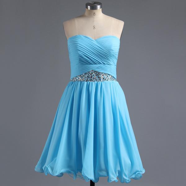 Sky Blue Chiffon Homecoming Dress, Cute A-line Homecoming Dress with Pleats, Short Homecoming Dress with Sequins and Crystal
