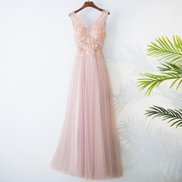Prom Dresses V-Neck Tulle Floor-Length Evening Gown Appliques Beading A-LINE Prom Dress