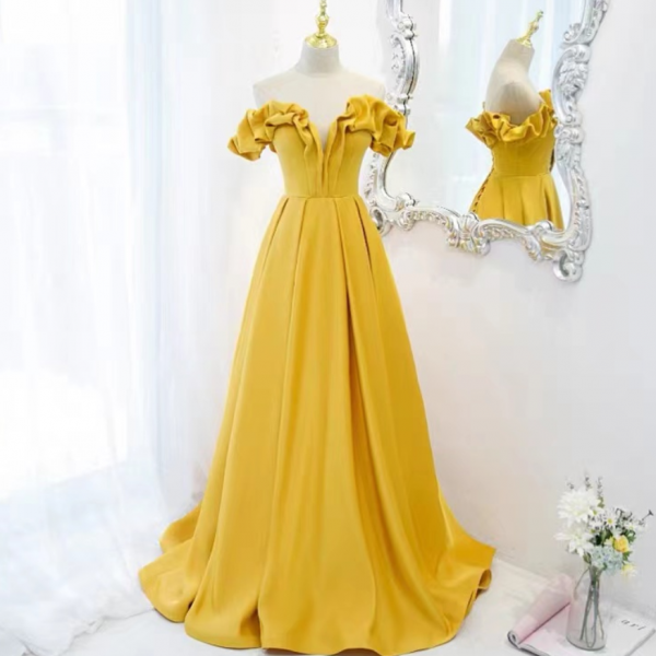Prom Dresses, Long yellow prom dress, off shoulder fashionable temperament party dress