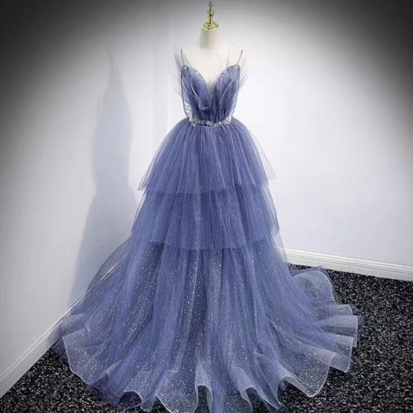 Prom Dresses,Spaghettis strap evening dress, new style blue dress, princess prom dress