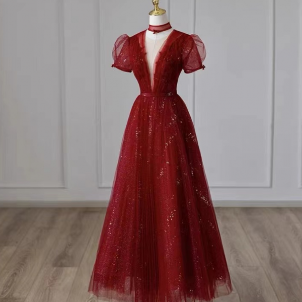 Prom Dresses,Red prom gown, tulle v- neck formal dress