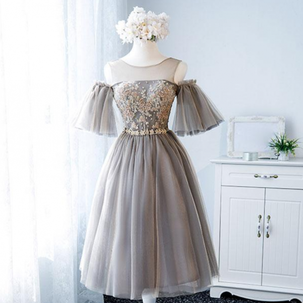 Gray White Lace Short Prom Dress White Tulle Lace, 51% OFF