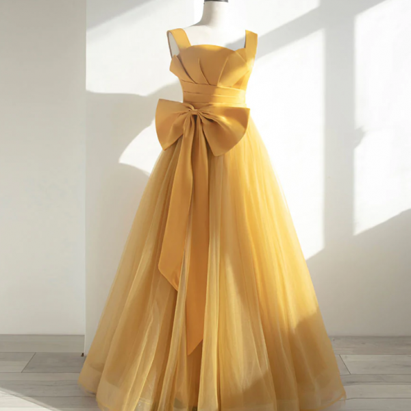 Prom Dresses, Cute Yellow evening dress, halter party dress,satin chic prom dress