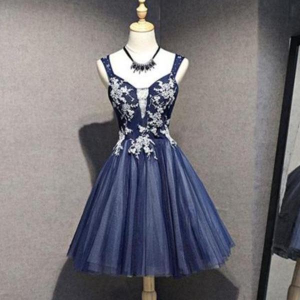Homecoming Dresses,Navy Blue Charming Knee Length Bridesmaid Dress 