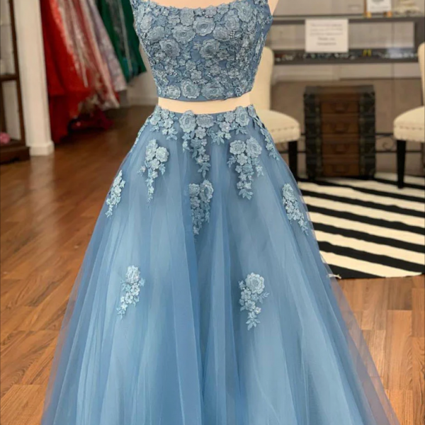Two Piece Blue Lace Square Long Evening Prom Dresses, Cheap Party Custom Prom Dresses, 18630 main image 1