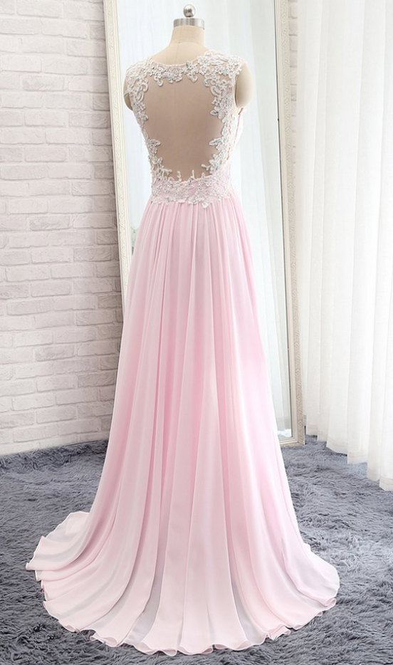 Pink Chiffon Lace Beading Aline Simple Cheap Long Prom Dresses For