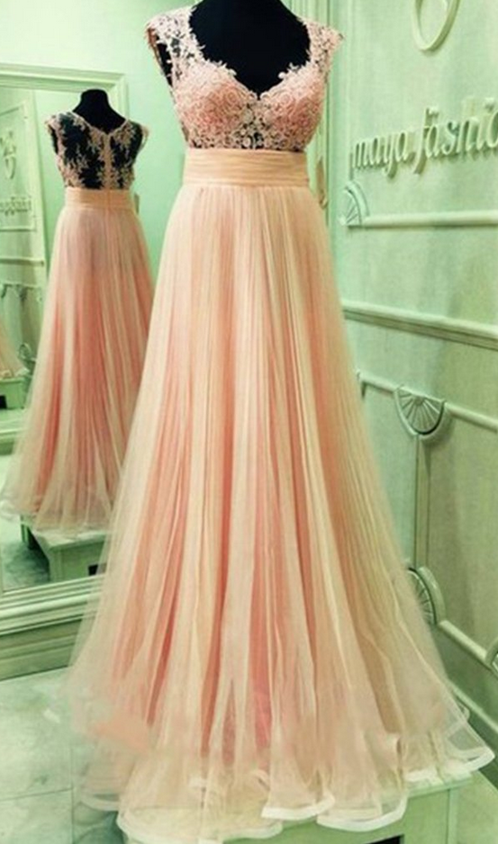 Light Pink Chiffon Prom Dresses,lace Vneck Backless Slit Aline Long