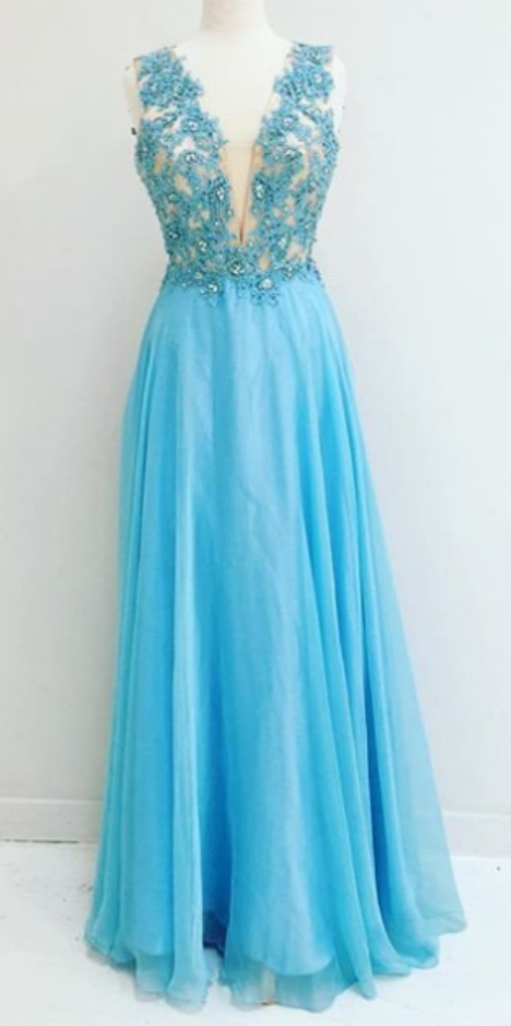 Pleated V-neck 3/4 Sleeves Applique Chiffon Dress Blue