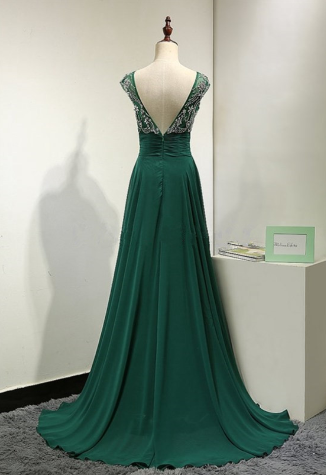 Emerald Green Chiffon V Back Evening Dress Sparkly Beaded Open Back Prom Dresses Cap Sleeve Long 4622