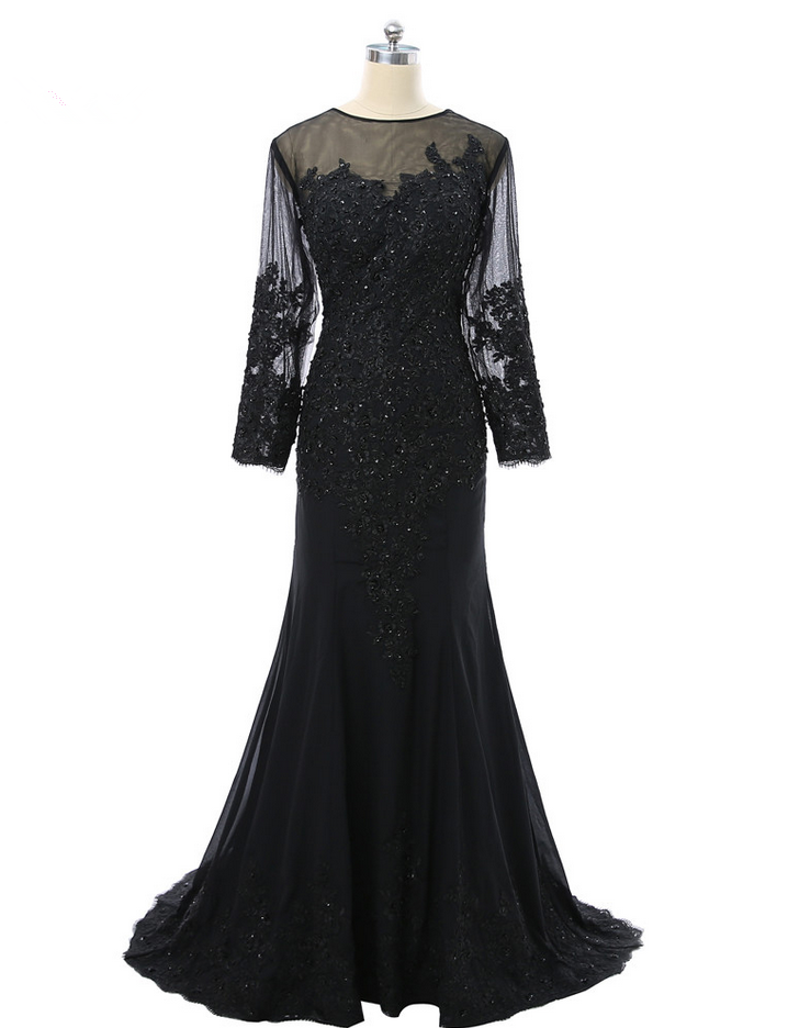 Black Prom Dresses Mermaid Long Sleeves Chiffon Lace Beaded See Through Women Long Prom Gown