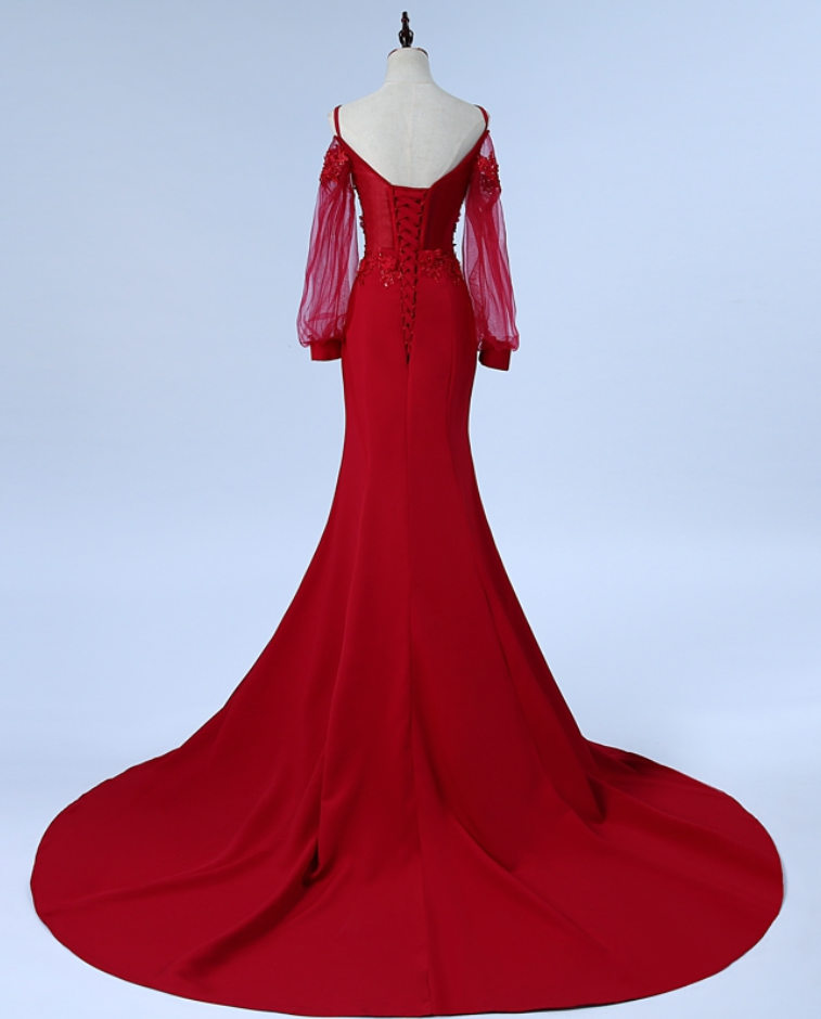 Appliques Beaded Robe De Soiree Mermaid Wine Red Long Evening Dress ...