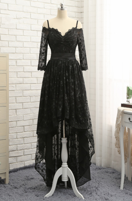 Black Prom Dresses A-line Spaghetti Straps Short Front Long Back Bow Lace Prom Gown Evening 