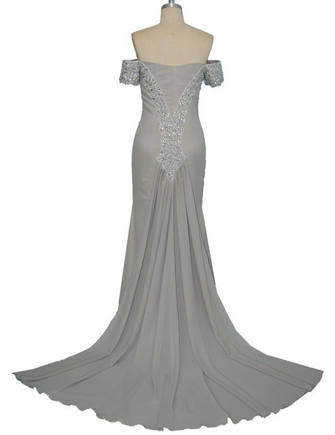 Elegant Open Back Evening Dress Luxury Beading Silver Mermaid Prom Dresses Sexy Long Prom Dress 8992