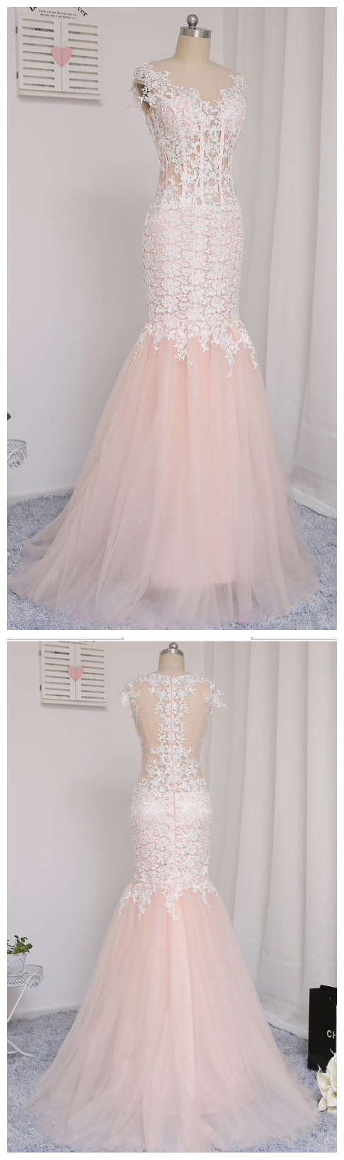 Prom Dresses, Mermaid See Through Tulle Appliques Lace Long Prom Gown ...