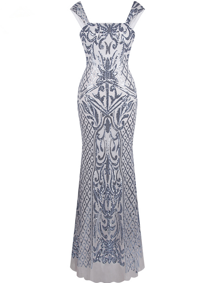 Vintage Gatsby Flapper Sequin Mermaid Long Evening Dress Silver Prom ...