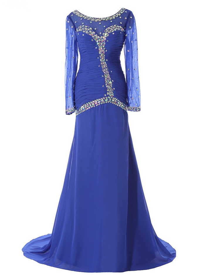 Luxury Long Mermaid Royal Blue Chiffon Beaded Evening Dresses Vestido ...