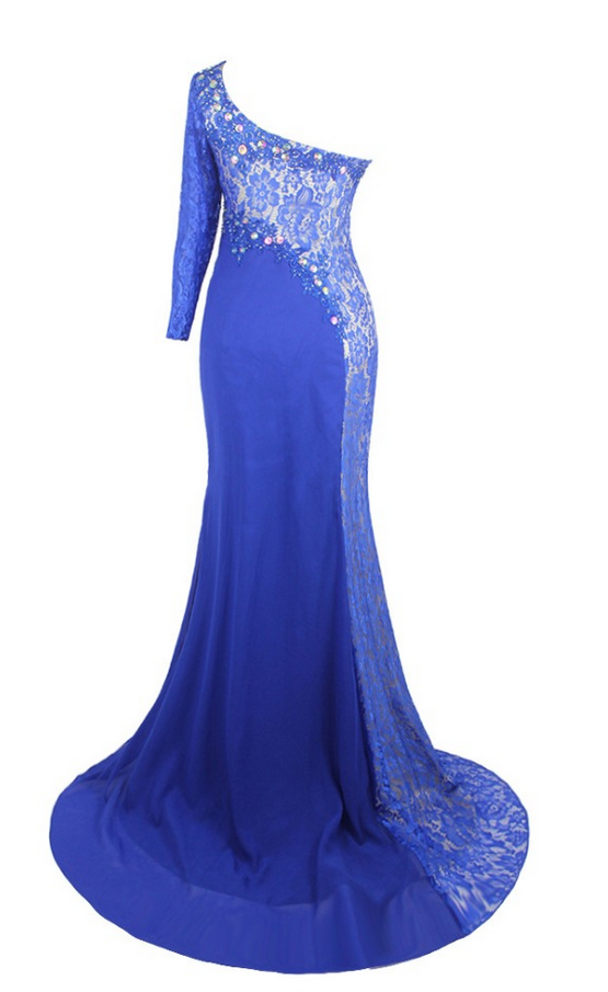 Luxury Blue Chiffon Lace Appliques Beaded Evening Dresses Vestido De ...