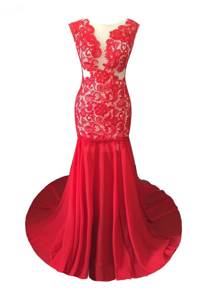 Luxury Long Mermaid Red Chiffon Lace Evening Dresses Cap Sleeves Low ...