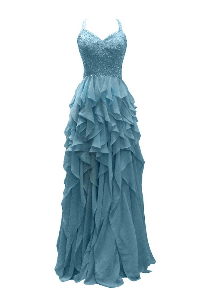 Long A-line Blue Chiffon Beaded Prom Dresses Backless Sweetheart Zip ...