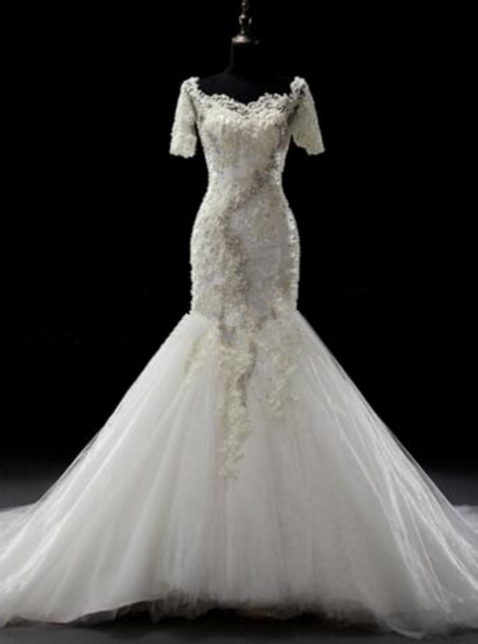 Mermaid Off Shoulder Simple Wedding Dress with Detachable Train