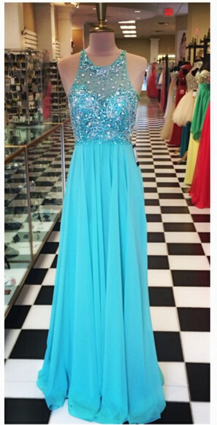 A-line Chiffon Bead Blue Illusion Neck Prom Dress
