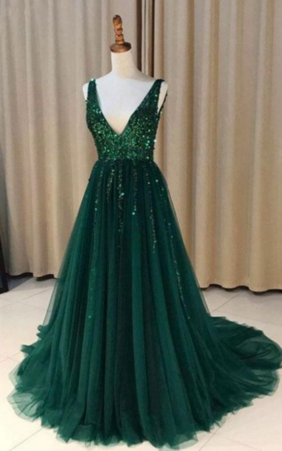 Emerald Green Prom Dresses Long Sexy Open Back Evening Dress A Line