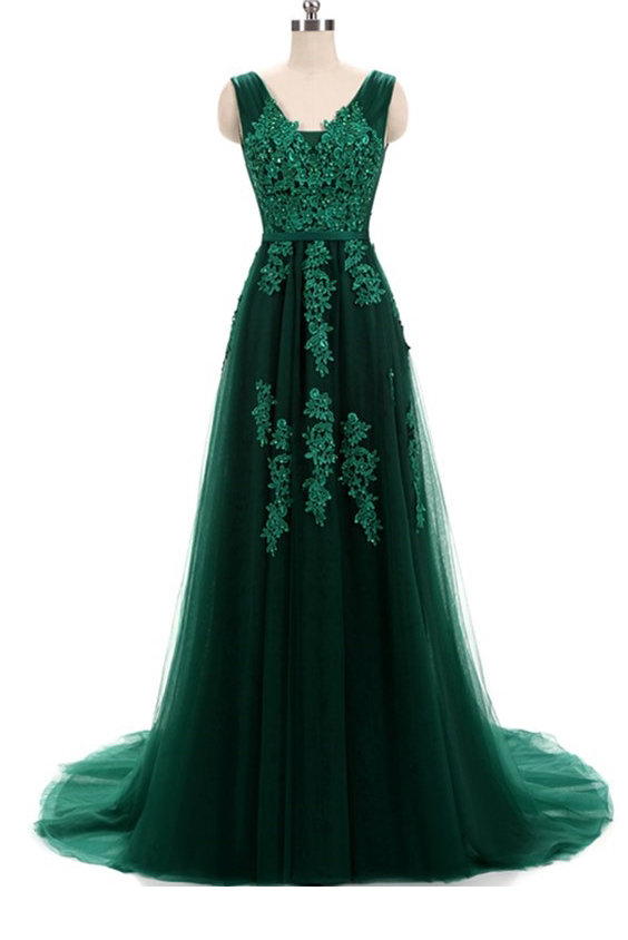 Hunter Green Lace Applique Tulle Prom Dresses Featuring V Neck And Lace