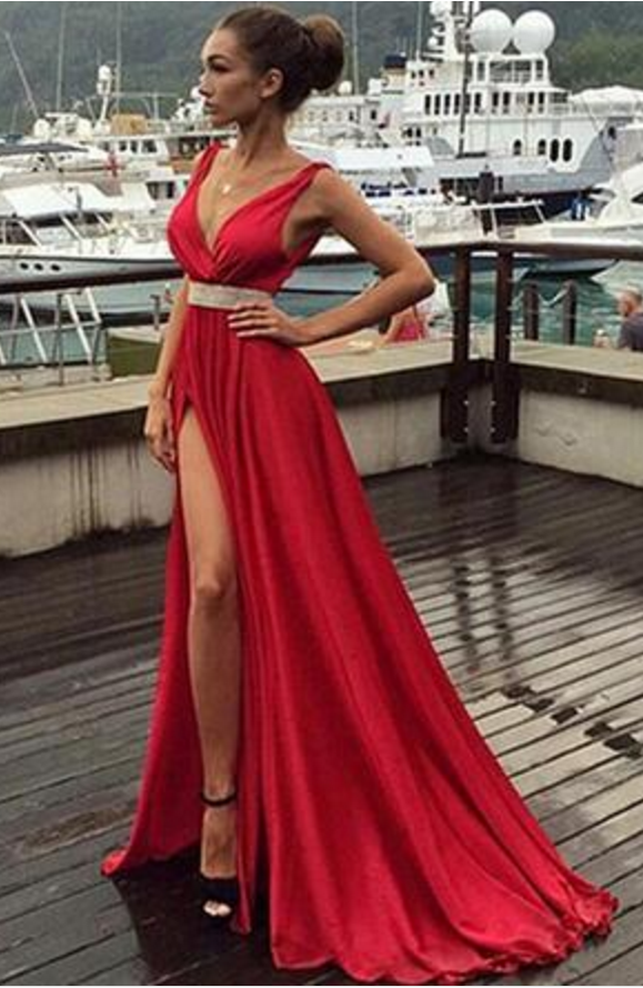 Sexy High Split Side Red Prom Dresses Deep V Neck Sash Beaded Side Slit