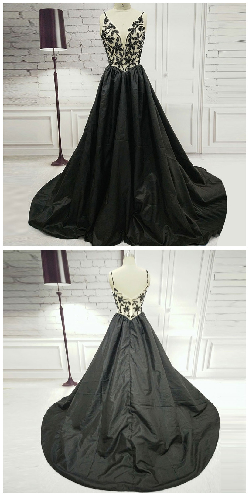 Spaghetti Straps Sheath Black Lace Sweep Train Prom Dresses LBQ0268