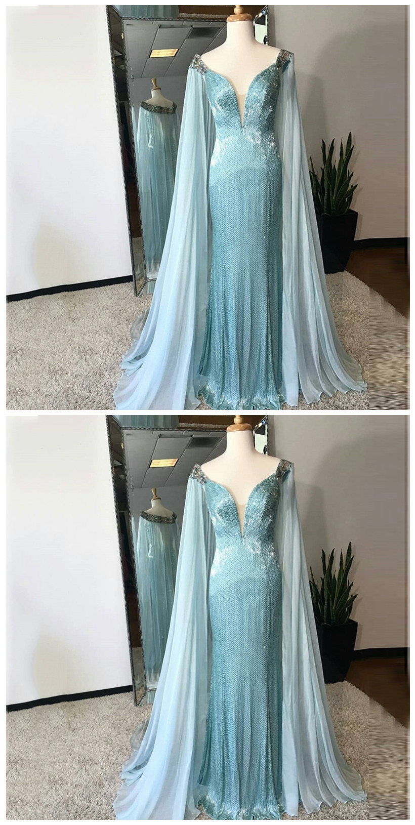 V-neck Cap Sleeves Pleated Floor-length Dress Blue main image 1