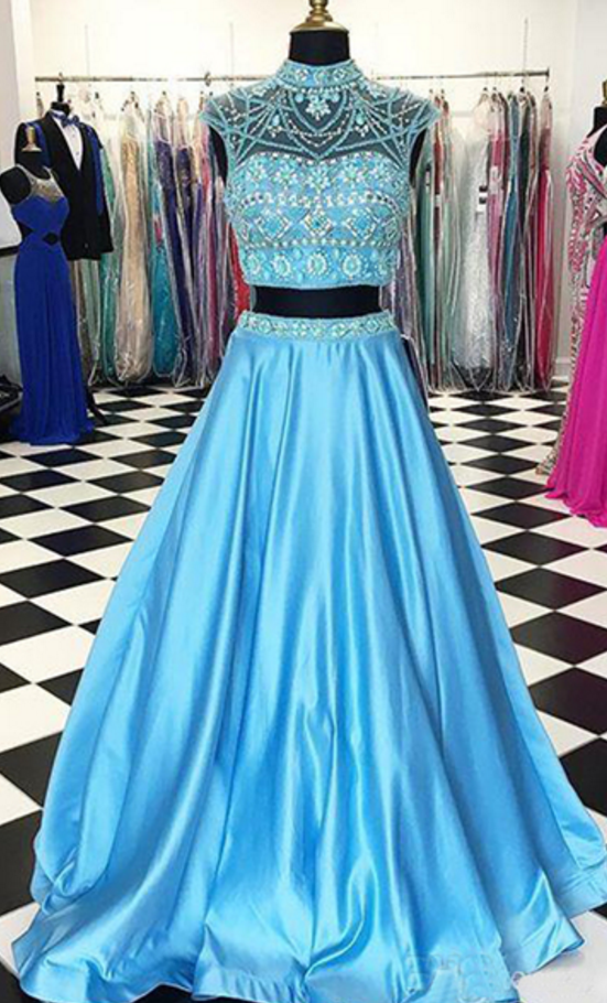 2 Pieces Long Satin Prom Dresses Halter Beaded Women Dresses on Luulla