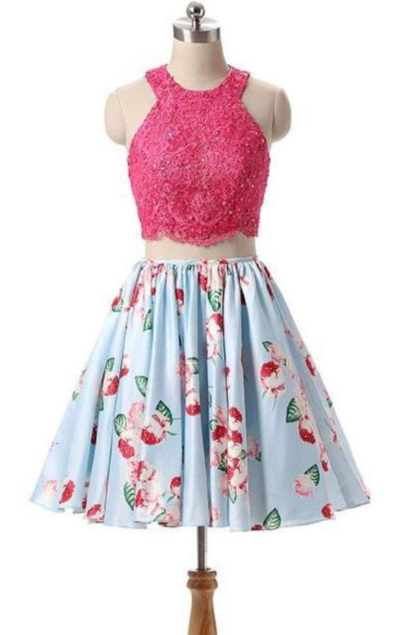 Pink Lace Short Prom Dress, Pink Cute Homecoming Dress on Luulla