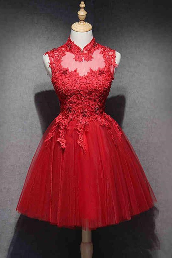 High Neck Red Lace Short Prom Dress, Red Lace Dress, Red