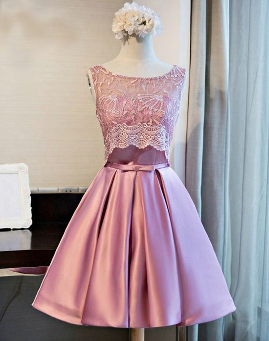 Sweet Satin Lace A Line Birthday Outfits Pink Formal Homecoming Dress Y8989 main image 0