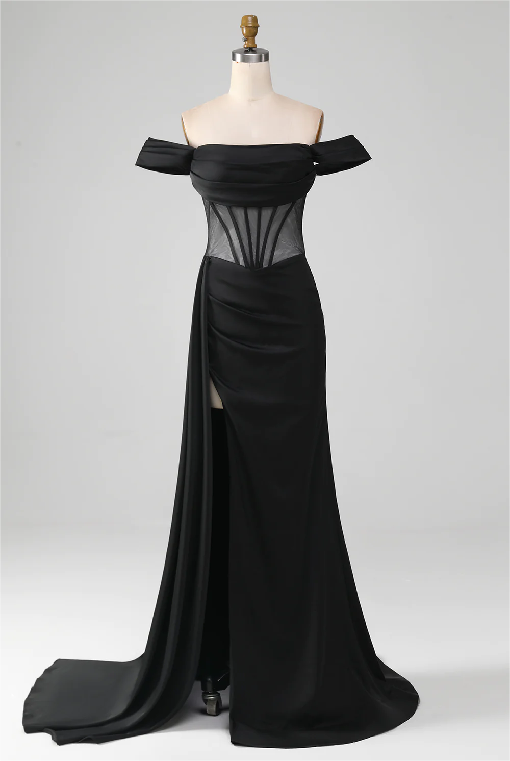 Black Long Off the Shoulder Mermaid Satin Prom Dress with Sleeves