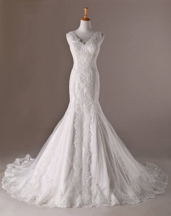 Wedding Dresses, Wedding Gown,v Neck White Lace Mermaid Wedding Dresses ...