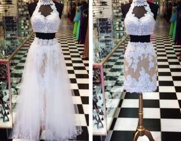 2 Piece Prom Gown,Two Piece Prom Dresses,White Lace Evening Gowns,2 Pieces Party Dresses,Tulle Evening Gowns,Straps Formal Dress,Champagne Evening Gown For Teens