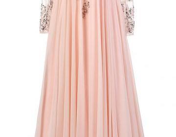 Floor Length Chiffon A-Line Prom Dress Featuring Beaded Embellished Long Sleeve Sweetheart Illusion Bodice 